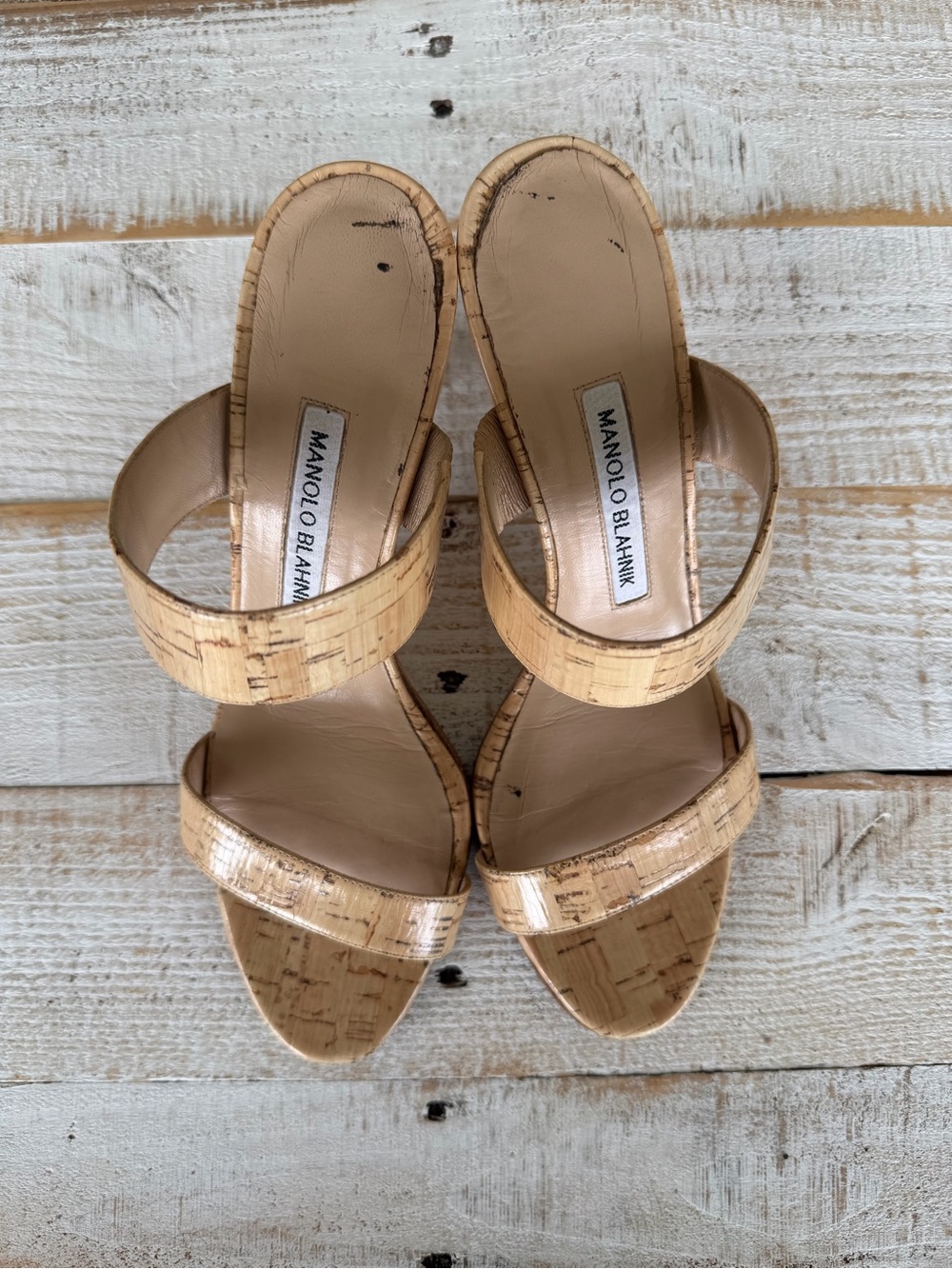 Manolo Blahnik Cork-Textured Double-Strap Heeled Mules in Natural Tan - Picture 5 of 6